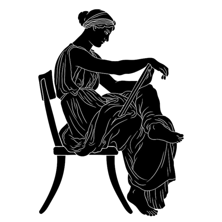 Vetor mulher grega antiga se senta em uma cadeira com um manuscrito nas mãos e lê.