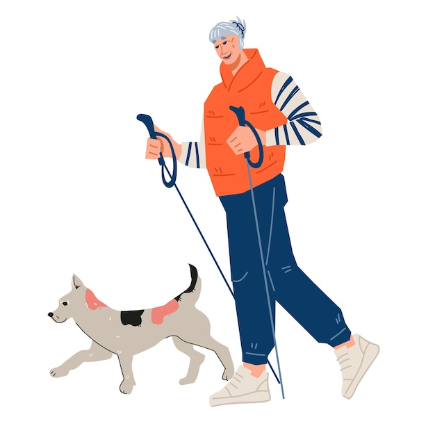 Mulher idosa com cão fazendo um treino nórdico ao ar livre ilustração vetorial plana isolada em um fundo branco ged mulher idosa fazendo esporte e andando animal de estimação