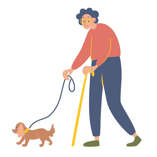 Mulher idosa com uma bengala em uma caminhada com seu amado cachorro velha feliz com seu animal de estimação favorito