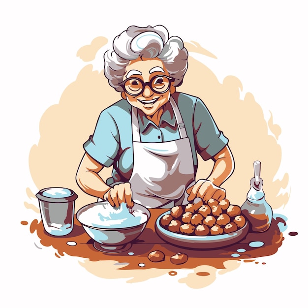 Vetor mulher idosa cozinhando na cozinha ilustração vetorial em estilo de desenho animado