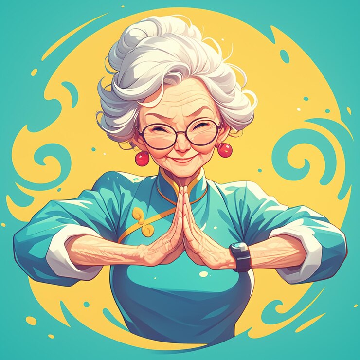 Vetor mulher idosa de raça mista a praticar tai chi