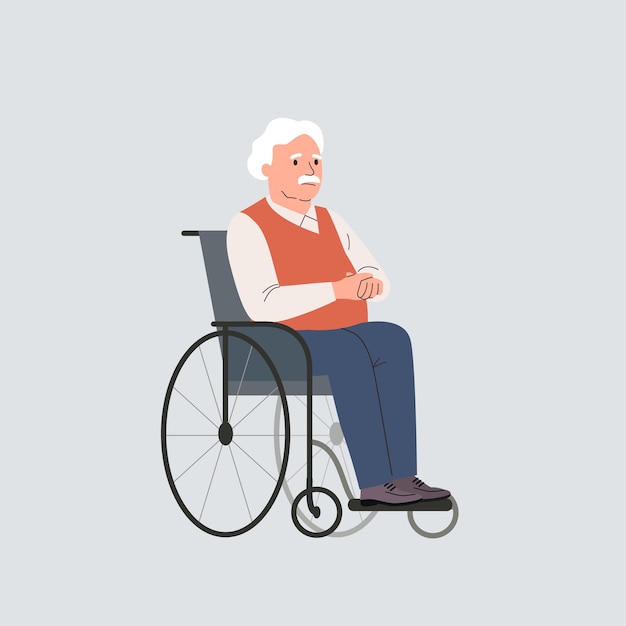 Mulher idosa em cadeira de rodas ilustração de desenho animado de estilo plano vetorial