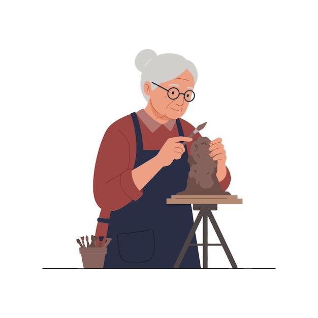 Mulher idosa esculpindo barro com ferramentas em arte vetorial de estilo minimalista plano