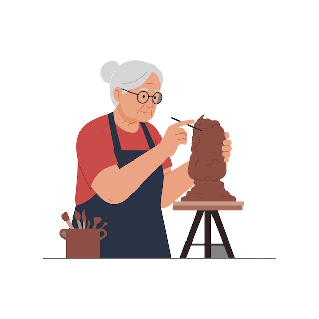 Mulher idosa esculpindo figura de barro em arte vetorial plana detalhada