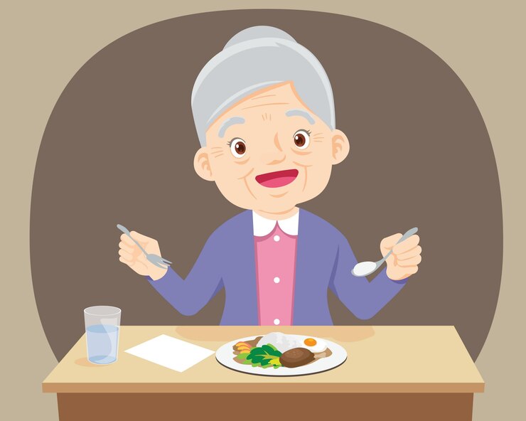 Vetor mulher idosa feliz comendo comida