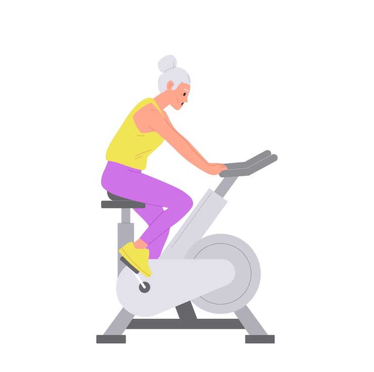 Vetor mulher idosa personagem de desenho animado de ciclismo bicicleta estacionária máquina de ginásio vector isolado ilustração