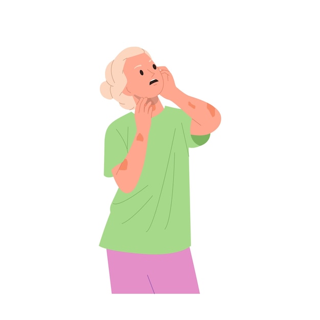 Mulher idosa personagem de desenho animado sentindo estresse um mal-estar sofrendo de doença de pele psoríase.