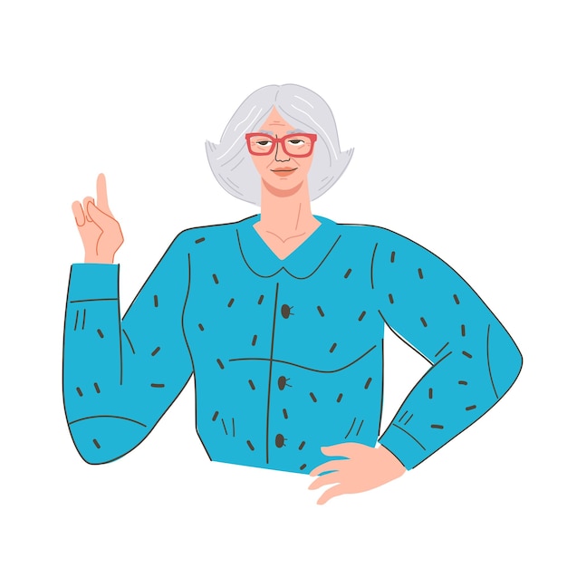 Vetor mulher idosa sênior tendo uma idéia e levantando o dedo como tem uma ilustração vetorial plana de gesto de solução isolada em um fundo branco mulher idosa tendo solução apontando com o dedo