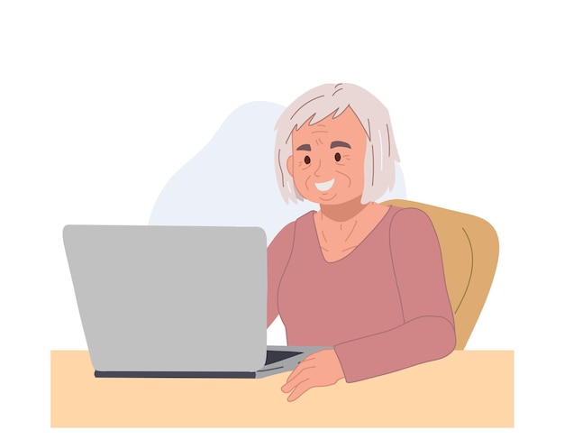 Mulher idosa usando laptop mulher sênior com ilustração vetorial de conceito de tecnologiav