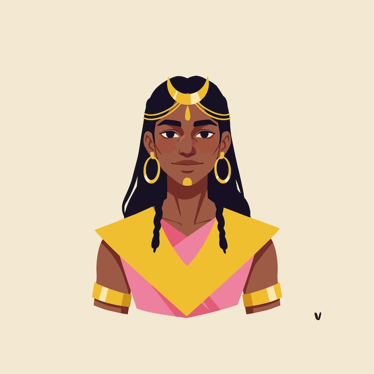 Vetor mulher ilustrada em vestido tradicional com jóias de ouro e cabelo escuro