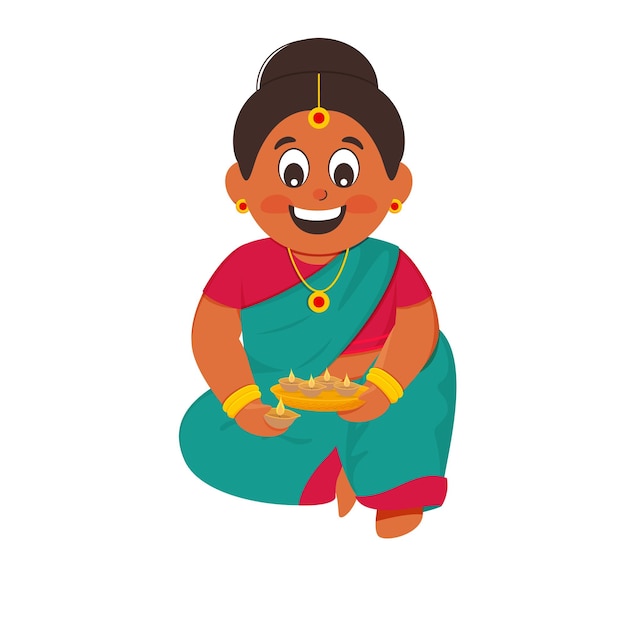 Mulher indiana dos desenhos animados segurando o prato de lâmpadas a óleo acesas Diya no fundo branco