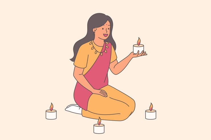 Vetor mulher indiana em vestido tradicional segura velas sentada de joelhos e fazendo ritual no festival de diwali