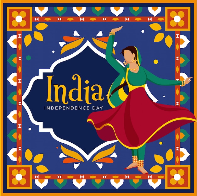 Mulher indiana sem rosto fazendo dança clássica em fundo colorido estilo vintage decorativo na arte do kitsch para a celebração do dia da independência da índia.