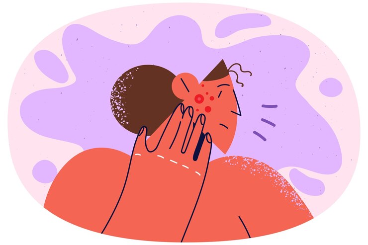 Vetor mulher infeliz angustiada com espinhas no rosto