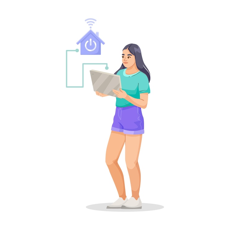 Vetor mulher interagindo com tecnologia de casa inteligente ilustração vetorial