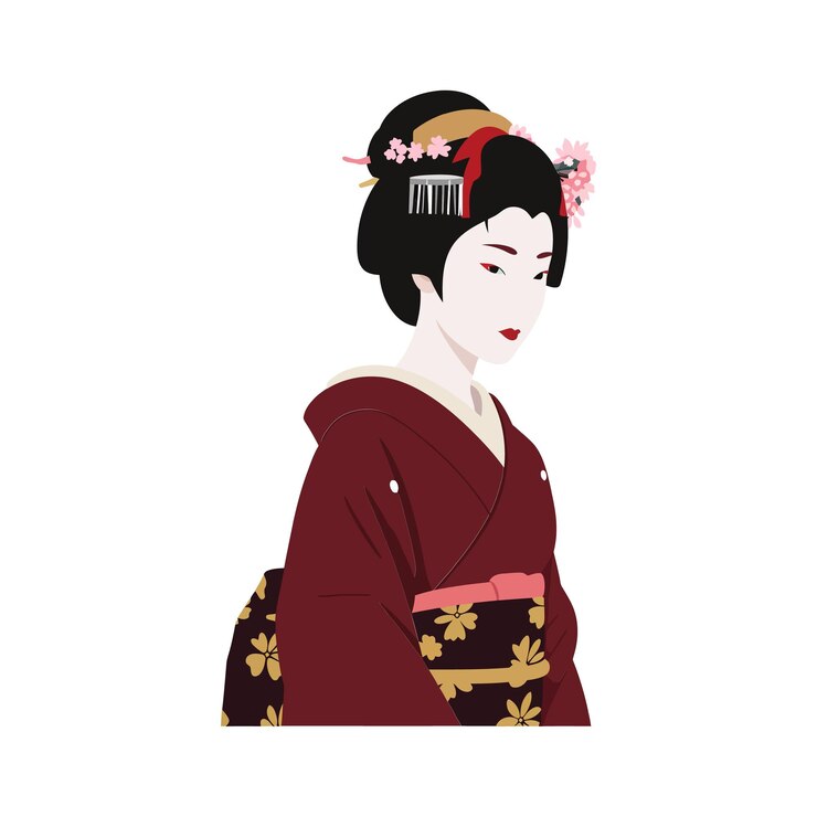 Vetor mulher japonesa elegante em kimono tradicional com penteado intrincado e acessórios florais mostrando ilustração vetorial de estilo de design plano minimalista