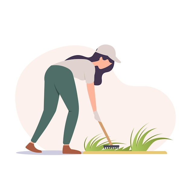 Mulher jardineira rastejando grama em uma ilustração vetorial de estilo minimalista