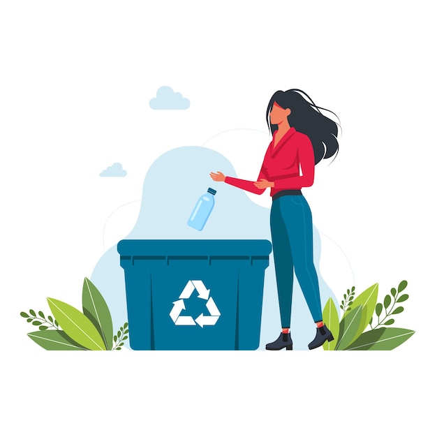 Mulher joga garrafa de plástico na lata de lixo, sinal de reciclagem de lixo o conceito de cuidar do meio ambiente e separar o lixo. reciclar, ilustração vetorial de estilo de vida ecológico.