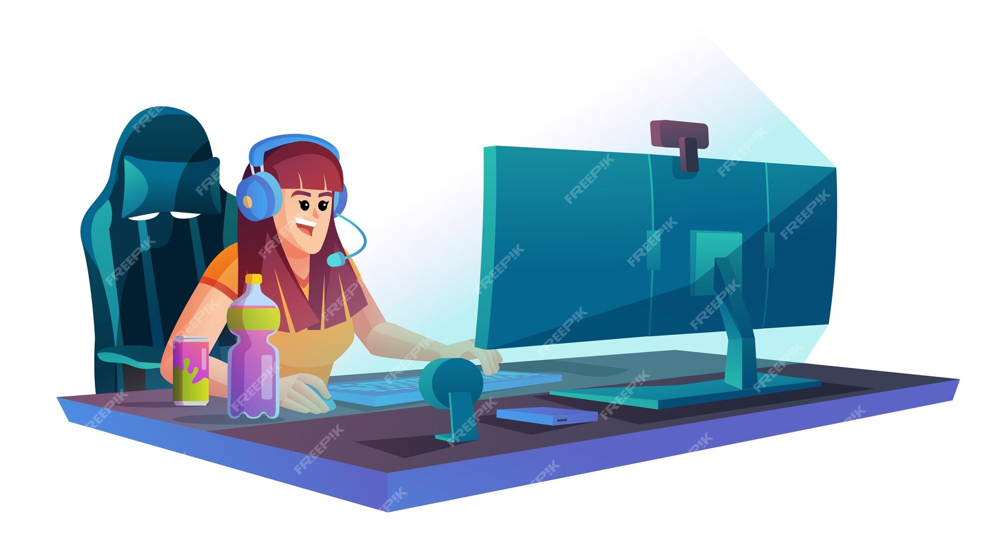 Streamer de videogame. uma garota gamer joga um jogo de dinossauro online  no laptop em casa em uma mesa. streaming online. ilustração vetorial