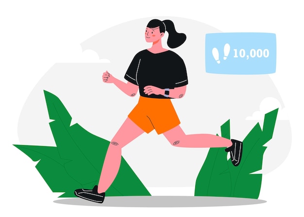 Mulher jovem a correr ao ar livre com um rastreador de passos