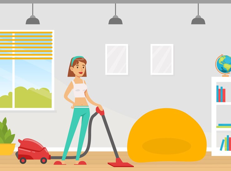 Vetor mulher jovem a limpar o chão com um aspirador. ilustração vetorial plana do conceito de limpeza doméstica.
