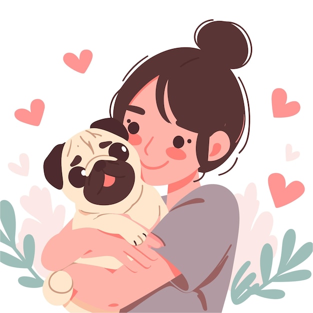 Mulher jovem abraçando cão pug com ilustrações vetoriais de amor em fundo branco