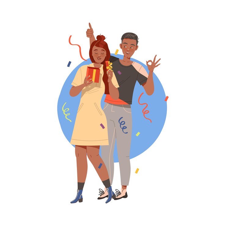 Vetor mulher jovem abrindo uma caixa de presentes com um homem de pé por trás celebrando uma ocasião especial como aniversário ou feriado ilustração vetorial