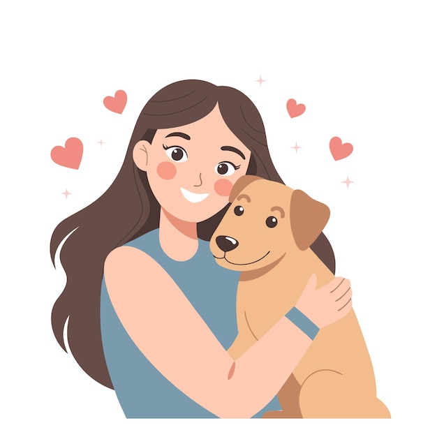 Mulher jovem adorável abraçando cão Proprietário de animais de estimação Amante de cão Ilustração de estilo plano