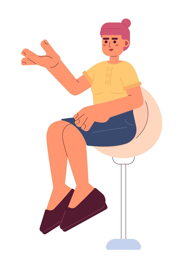 Vetor mulher jovem adulta asiática sentada em um banco de bar giratório personagem de desenho animado 2d mulher coreana fazendo gestos em um banco de bar sentada pessoa vetor isolada fundo branco apresentador de tv ilustração de ponto plano de cor
