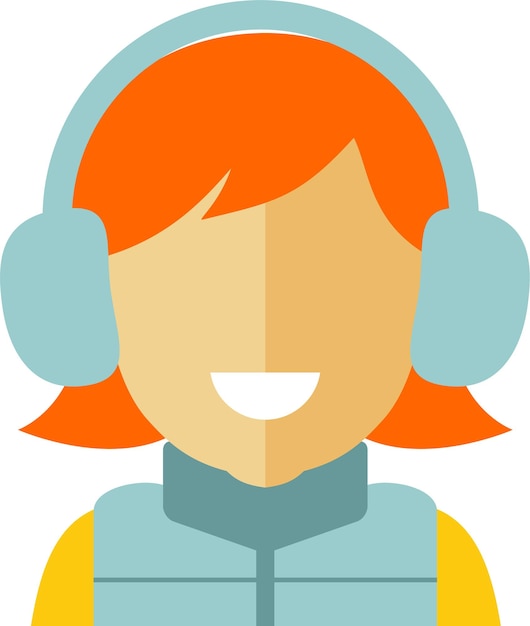 Vetor mulher jovem adulta em agasalhos colete azul e ícone de rosto de avatar de fones de ouvido em estilo simples