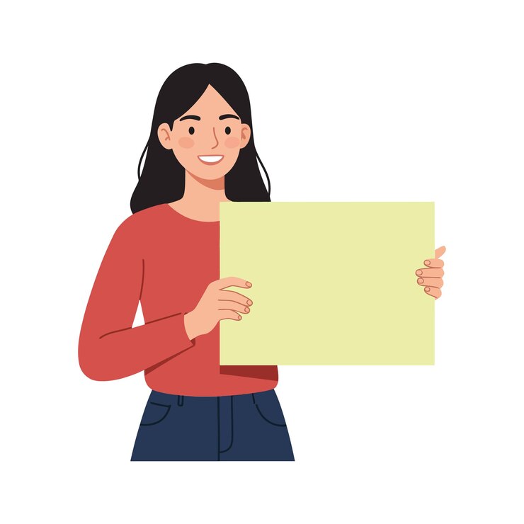 Vetor mulher jovem alegre segurando um sinal amarelo em branco em uma ilustração vetorial de design plano minimalista sorrindo e envolvendo o espectador com um comportamento positivo