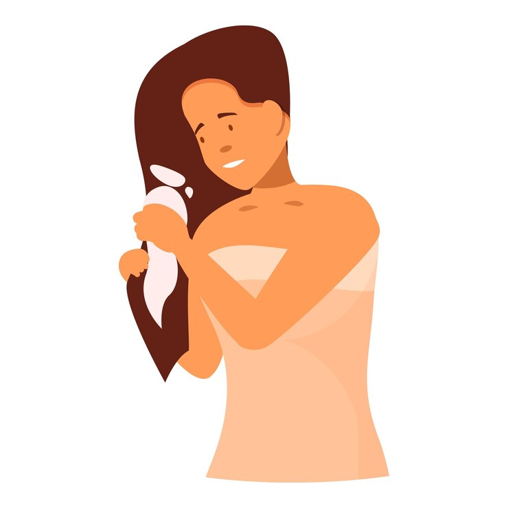 Vetor mulher jovem aplicando condicionador ou máscara de cabelo no cabelo molhado