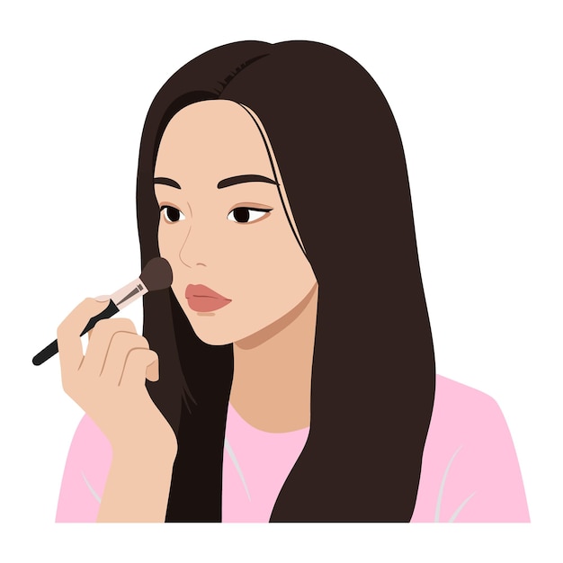 Mulher jovem aplicando maquiagem com um pincel em um estilo minimalista plano mostrando beleza e ilustração vetorial de autocuidado