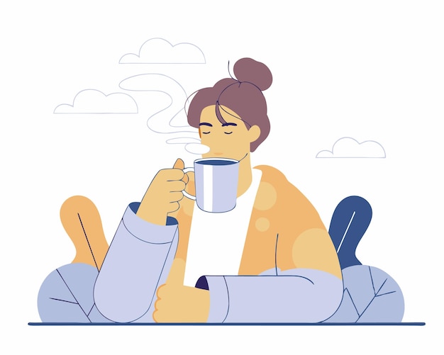 Mulher jovem bebendo café ilustração de personagem