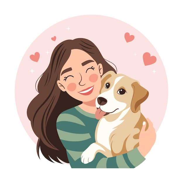 Mulher jovem bonita abraçando cão Proprietário de animais de estimação Amante de cão Ilustração de estilo plano