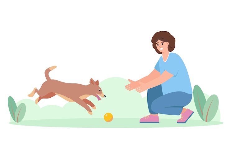 Vetor mulher jovem brincando com cão cão feliz com bola e menina adopção caridade voluntariado cuidado de animais de estimação