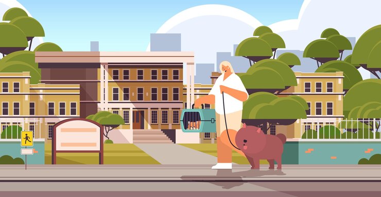 Vetor mulher jovem caminhando com uma dona de cachorro e gato e animais domésticos fofos se divertindo amizade com animais de estimação conceito paisagem urbana fundo horizontal ilustração vetorial de comprimento total