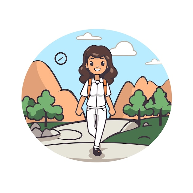 Mulher jovem caminhando no parque ilustração vetorial em estilo de desenho animado