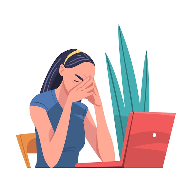 Mulher jovem cansada sentada em um laptop segurando a cabeça com as mãos Ilustração vetorial