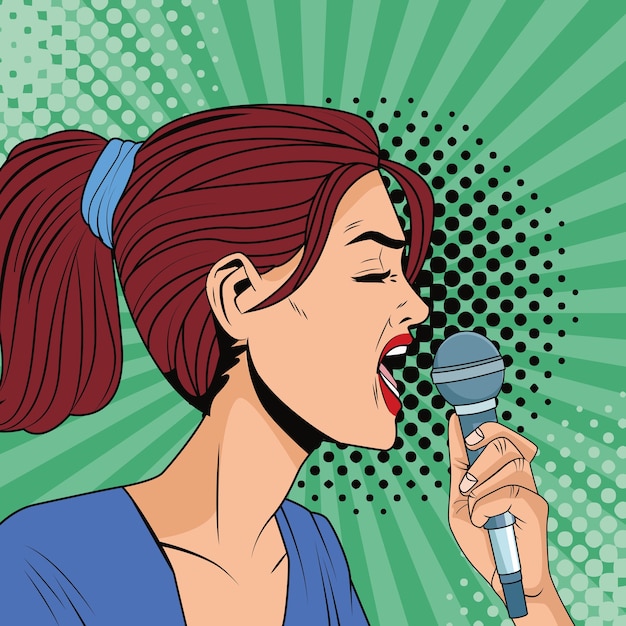 Mulher jovem cantando com microfone no estilo pop art de personagem