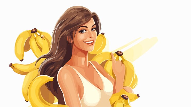 Vetor mulher jovem com bananas alimentação saudável ilustração vetorial de desenho animado