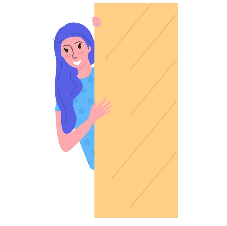 Vetor mulher jovem com cabelo azul espreitando na esquina com um sorriso amigável estilo casual e brincalhão