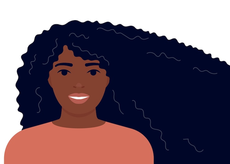 Vetor mulher jovem com cabelos longos e fluidos, garota negra africana, cuidado com o cabelo na cabeça, modelo de beleza.