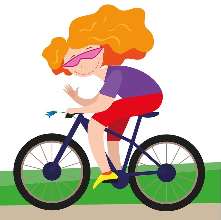 Vetor mulher jovem com cabelos vermelhos longos em uma bicicleta
