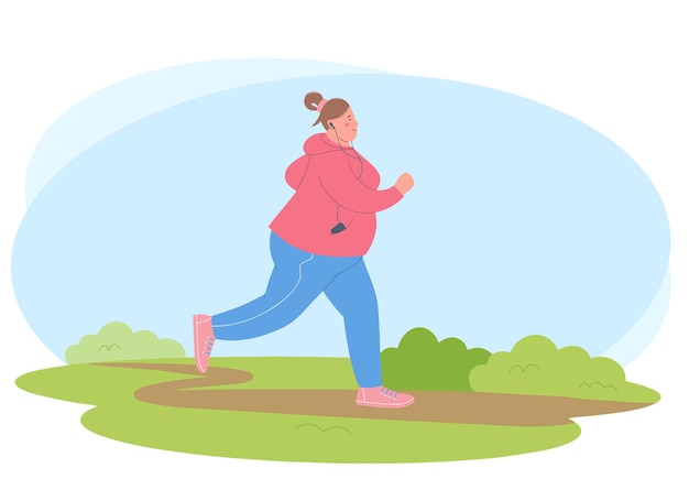 Mulher jovem com excesso de peso está envolvida em esportes mulher está correndo no parque conceito de estilo de vida saudável