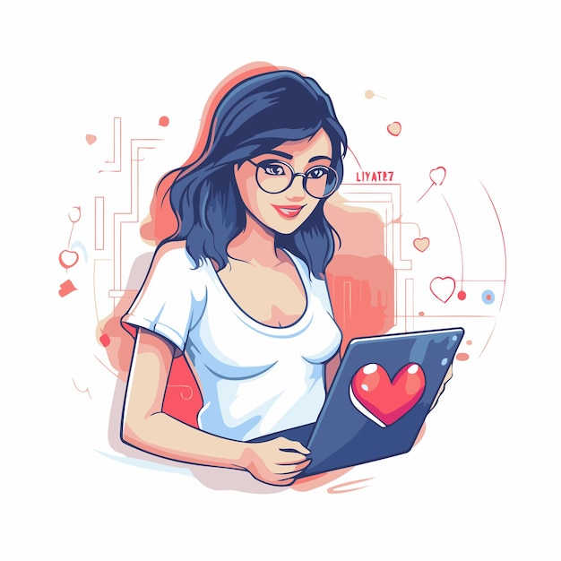 Vetor mulher jovem com laptop e coração ilustração vetorial conceito de amor