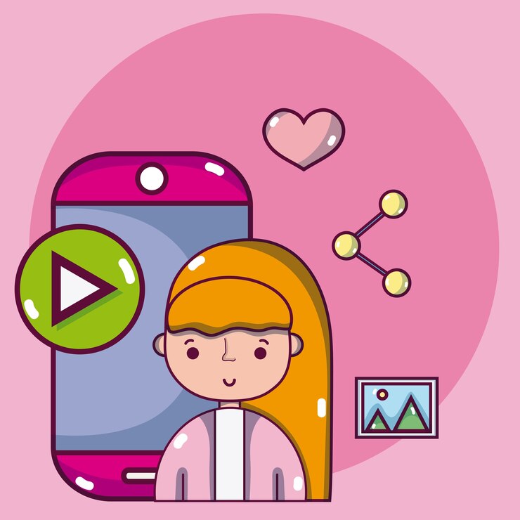 Vetor mulher jovem, com, social, mídia, símbolos, desenhos animados