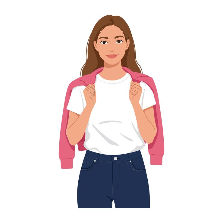 Vetor mulher jovem confiante com cabelos castanhos longos vestindo uma camiseta branca e calças de ganga azuis casualmente segurando uma jaqueta rosa ilustração vetorial plana