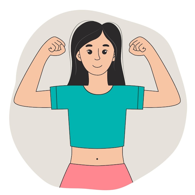 Mulher jovem de pé com os braços levantados demonstrando força mulher confiante vencedora garota desportiva