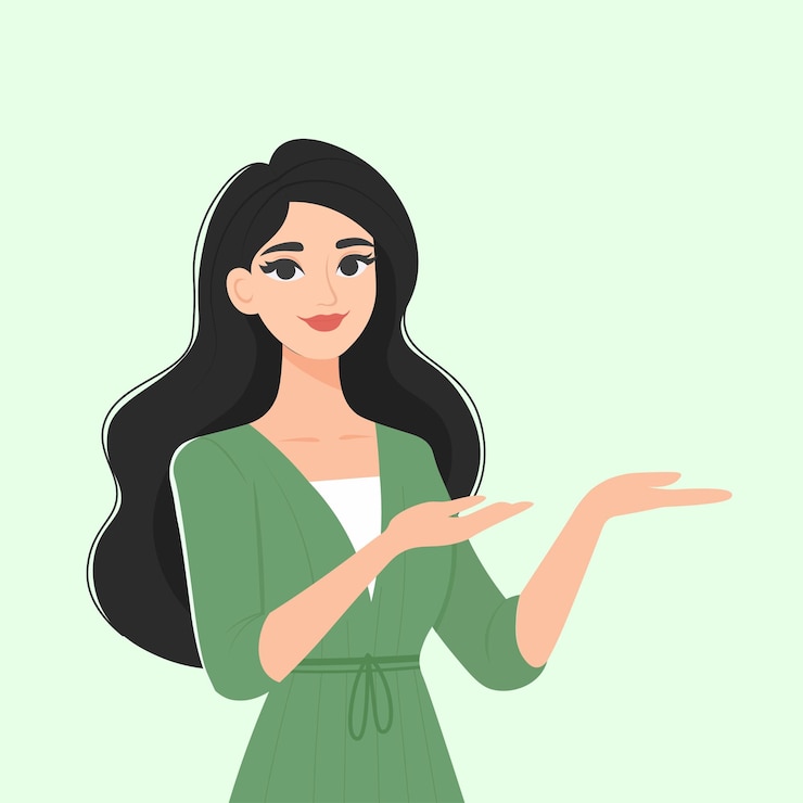 Vetor mulher jovem de vestido verde apresentando uma ilustração de produto